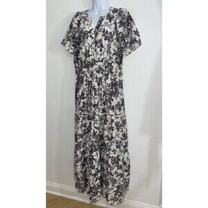 Anthropologie Somerset Maxi Gray Floral Birds Tiered Dress Women Large